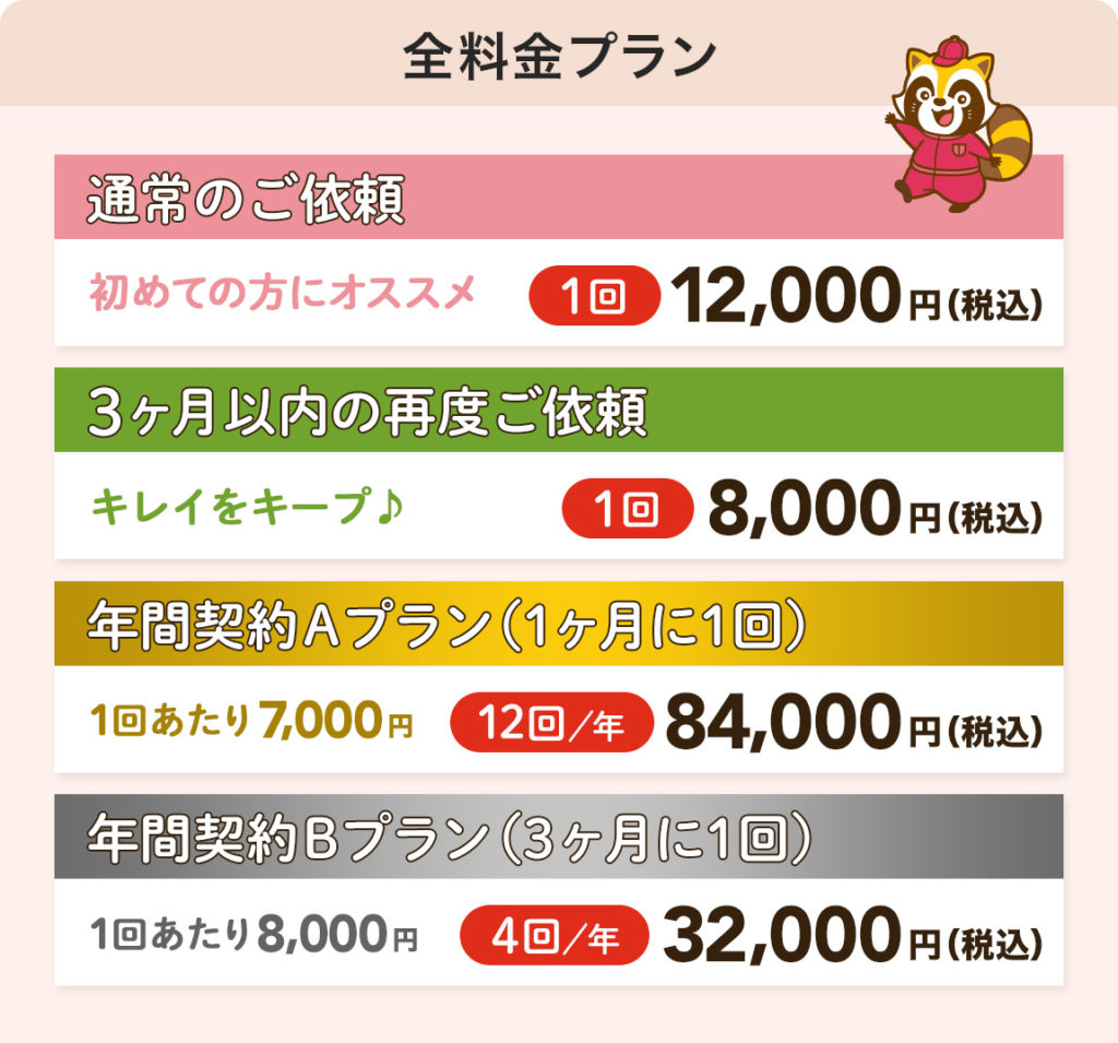 【全料金プラン】

●通常のご依頼（はじめての方にオススメ）
1回：12,000円（税込）

●3ヶ月以内の再度ご依頼（キレイをキープ）
1回：8,000円（税込）

●年間契約Aプラン（1ヶ月に1回）
12回／年：84,000円（1回あたり7,000円）

●年間契約Bプラン（3ヶ月に1回）
4回／年：32,000円（1回あたり8,000円）